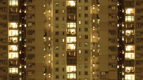 Windows multitude on and off timelapse Hong Kong crowded residential apartment Видео 157543177