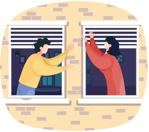 Windows with neighbors doing daily things in their apartments hugging or Ilustración de archivo