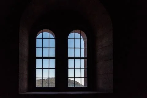 Windows of an old castle made of sandstone Stock Photos