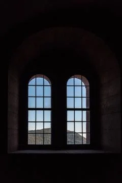 Windows of an old castle made of sandstone Stock Photos