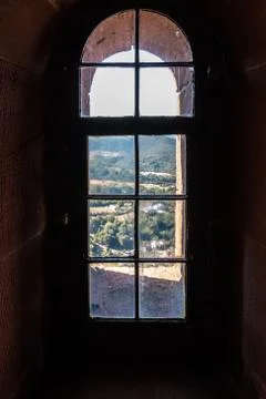 Windows of an old castle made of sandstone Stock Photos