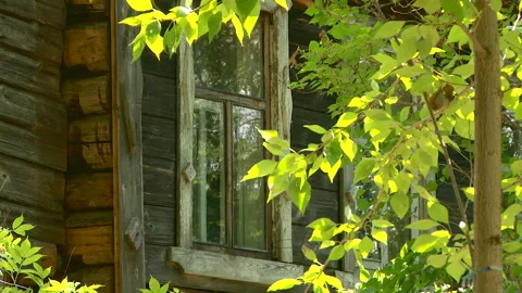 Windows of an old hut in an abandoned Russian village in summer view through Stockbeeldmateriaal 169503324