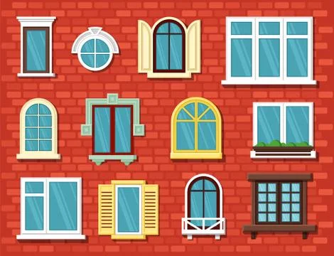 Windows. outdoor home exterior objects wooden stylish window frames glasses.  Illustrazione stock