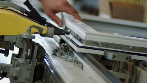 Windows production, manufacture. Semi-automatic factory line. Close up. Stock Footage 292787196