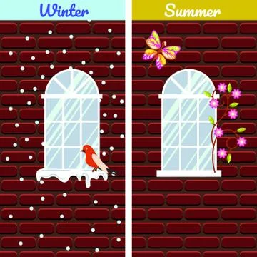 Windows on red brick wall building winter and summer comparison. Ilustración de archivo