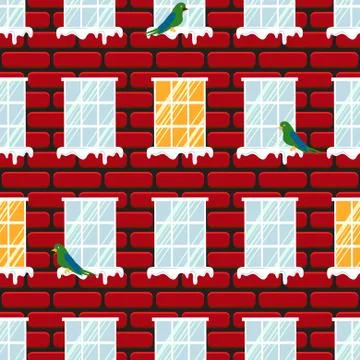 Windows seamless vector pattern and red brick wall building. Stock Illustration