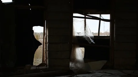 Windows of the second floor of an abandoned house, interior Stock Footage 123110762