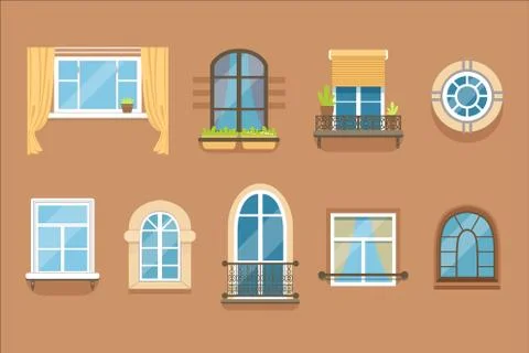 Windows set in different styles and forms. Window frames exterior view Stock Illustration