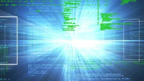 Windows showing on blue backdrop igniting green code scrolling and creating Stock Footage 313307033