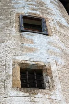 The windows in the tower of the castle Stock Photos