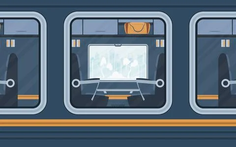 Windows Train. Rail transport is shown outside. Cartoon style. Flat style. Illustrazione stock