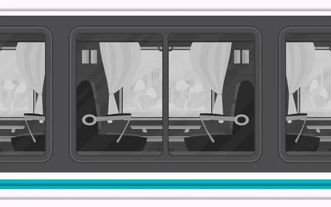 Windows Train. Rail transport is shown outside. Cartoon style. Flat style. Illustrazione stock