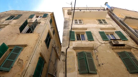 Windows of Weathered Apartment Building in Old Town, Corfu, Greece Stock-Footage 121808199