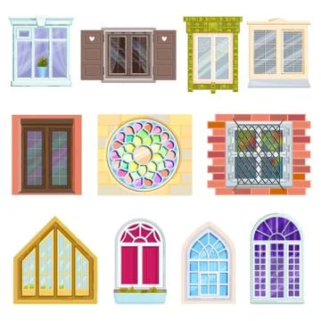 Windows with wooden and plastic frames made of glass and windowing vitrage Illustrazione stock
