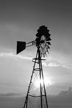 Windpump sunset in monochrome Stock Photos