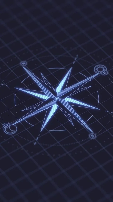 Windrose compass rotating in digital space. Navigation interface concept. Stock Footage 332090380