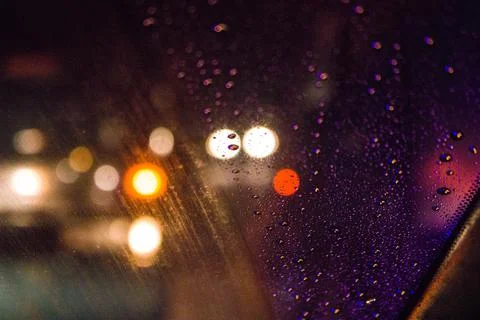 Windshield Bokeh at Night After Raining 库存照片