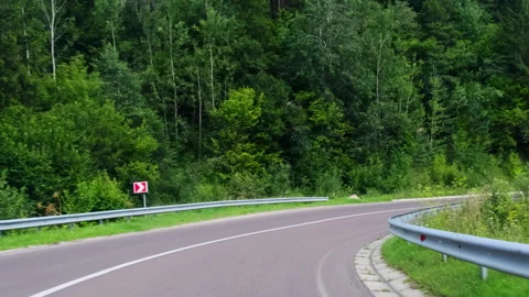 Windshield road view forest corner with bright chevrons Stock Footage 323885041