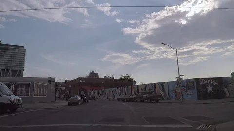 Windshield view. Going through Greenpoint and Williamsburg. Brooklyn. Dusk. Stock Footage 75279169