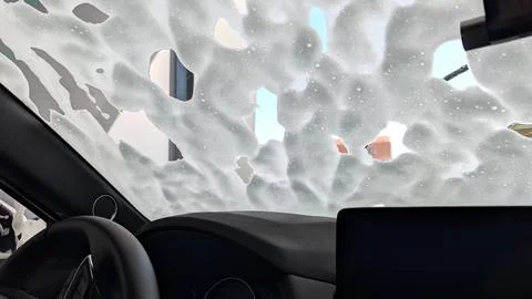 Windshield View From Inside Car Covered In Soap At Wash 写真素材