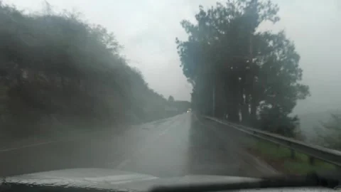 Windshield wipers working during a rainy drive on a mountain road Vidéo 306887409