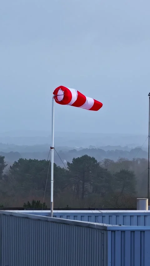 Windsock Blowing on Rooftop in Windy Weather Overlooking Trees and Cloudy Sky Stock Footage 336238109