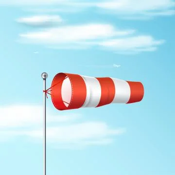 Windsock on the blue sky. Red and white airport wind flag showing wind direction Illustrazione stock