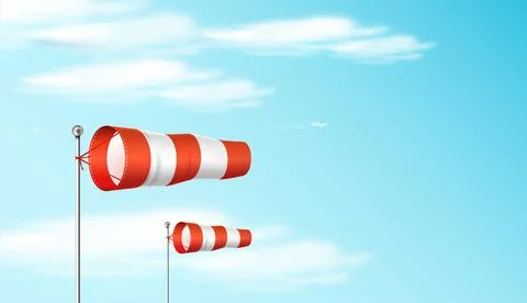 Windsock on the blue sky. Red and white airport wind flag showing wind direction Illustrazione stock