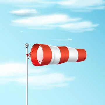 Windsock on the blue sky. Red and white airport wind flag showing wind direction 스톡 일러스트