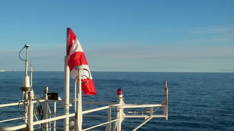 Windsock on mast of ship. Wind indicator on background of sea and sky. Helipad Stock Footage 242063072