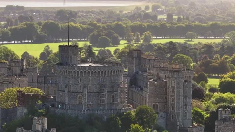 Windsor Castle Aerial Pull Back with Union Flag Flying Stock Footage 292432916