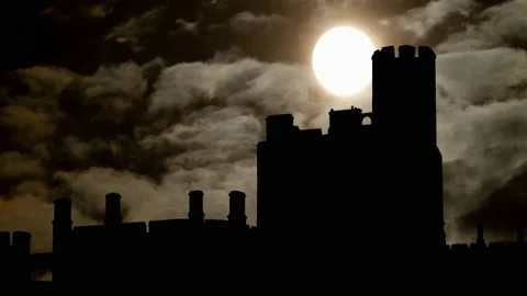 Windsor Castle in Silhouette with Fog, Smoke and Dark Atmosphere Stock Footage