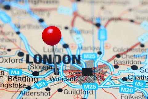 Windsor pinned on a map of UK Stock Photos