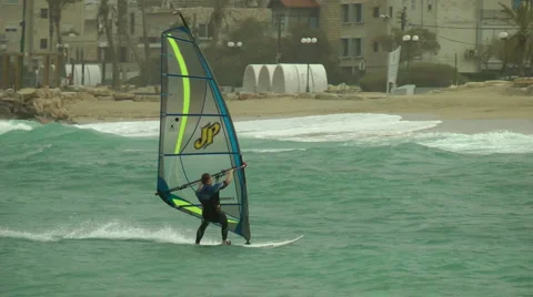 Windsurf storm riders in Mediterranean Sea. Fail jump. Stock Footage 2525264