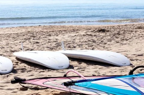 Windsurf tables on the sand Stock Photos