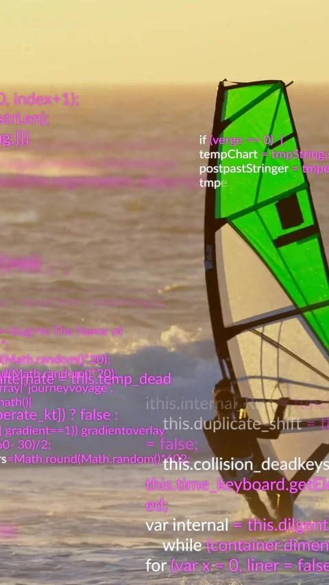 Windsurfer on ocean waves with programming code animation over scene Stock Footage 319976007