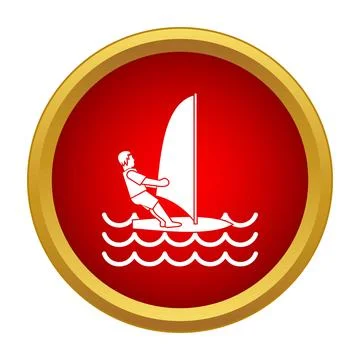 Windsurfing athlete sailing waves in round red emblem Stock Illustration
