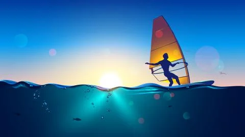 Windsurfing on sea landscape and clear sky background. Man Windsurfer Stock Illustration
