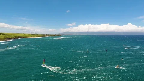 Windsurfing in Tropical Blue Waves Stock Footage 87353570