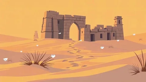 Windswept Desert: Animated Ruins with Drifting Leaves in an Arid Landscape Stock Footage 305433747