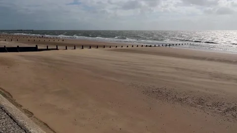 Windswept dry sand particles blown quickly by the wind across empty beach Stock Footage 145901572