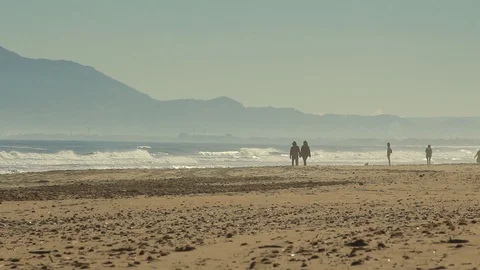 Windy beach scene with people walking hand-in-hand Stock Footage 102312502