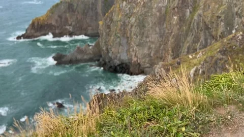 Windy clifftop overlooking the waves crashing on the coastline in Devon Stock Footage 247019655