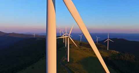 Windy Day In The Mountain Generators Spinning Fast Aerial Steady Shot Sunset Stock Footage 300485833