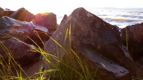 Windy Lake Balaton, waves hitting rocks Stock Footage 155068384