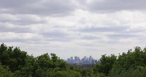 Windy treetops with distant modern financial London skyline under heavy clouds Stock Footage 319768612