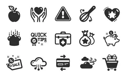 Windy weather, Apple and Saving money icons set. Credit card, Cooking hat and Stock Illustration