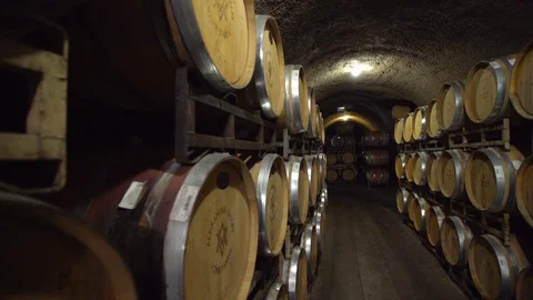 Wine aged in oak barrels in cave Video stock 112453542