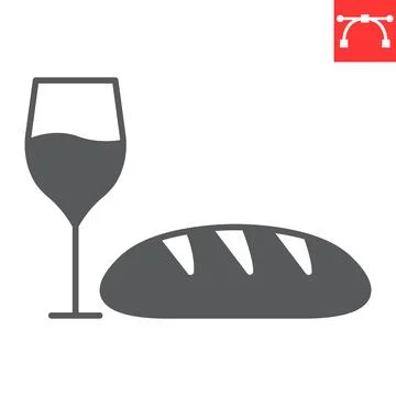 Wine and bread glyph icon Stock Illustration