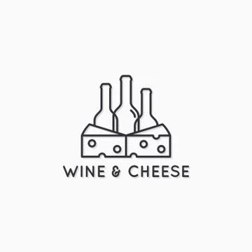 Wine and cheese linear logo. Wine bottles Stock Illustration